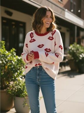 PJ Salvage Cozy Ivory White Sweater with Red Kiss Lips Print